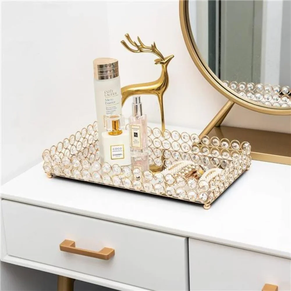Large Crystal Rectangle Mirrored Tray Cosmetic Vanity Tray Organizer Tray